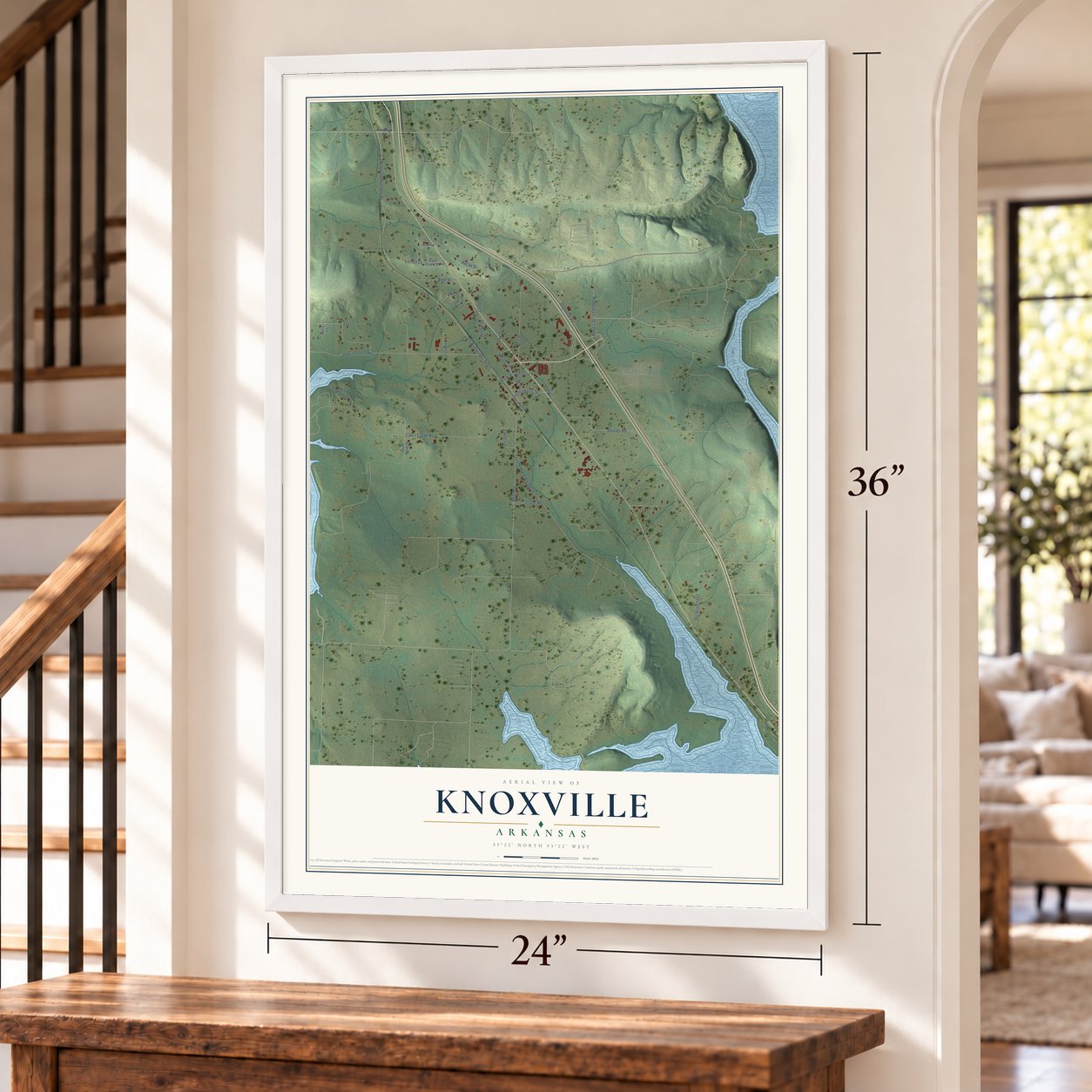 Knoxville, Arkansas map, 24 x 36 inch print in a white frame by a staircase