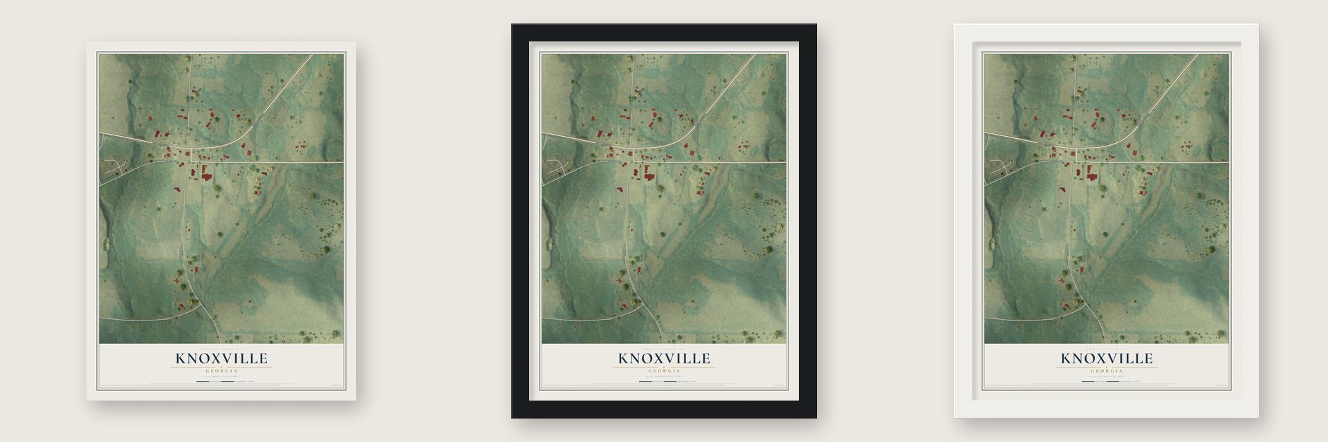 Knoxville, Georgia map unframed, in a black wood frame and in a white wood frame