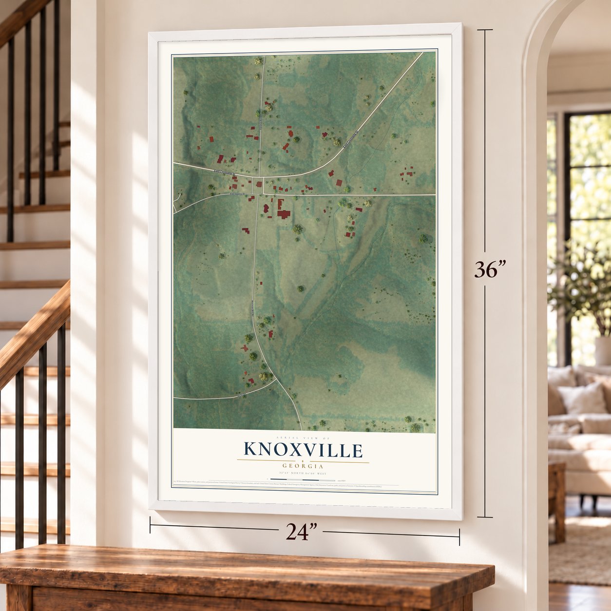 Knoxville, Georgia map, 24 x 36 inch print in a white frame by a staircase