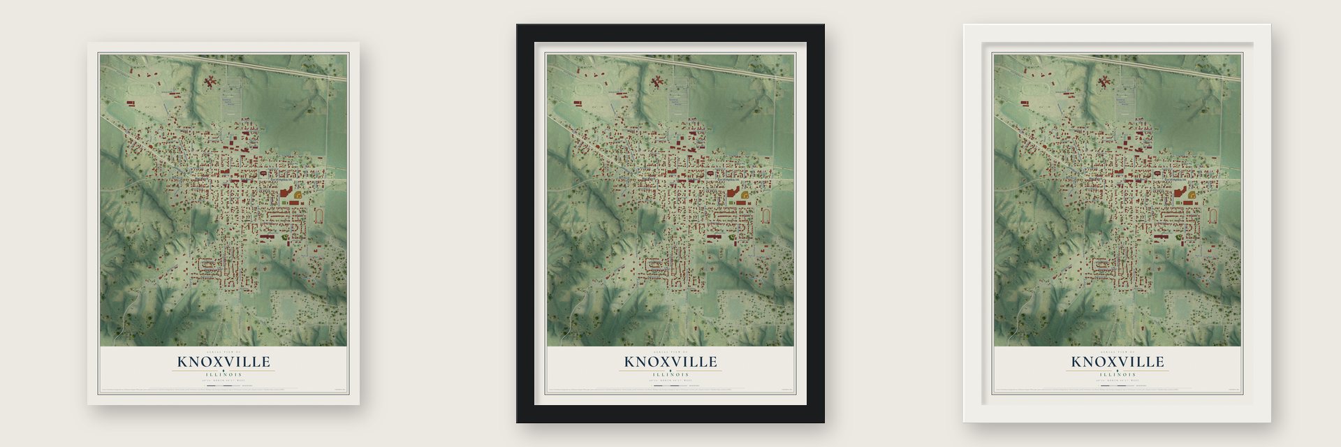 Knoxville, Illinois map unframed, in a black wood frame and in a white wood frame