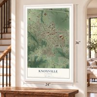 Knoxville, Illinois map, 24 x 36 inch print in a white frame by a staircase
