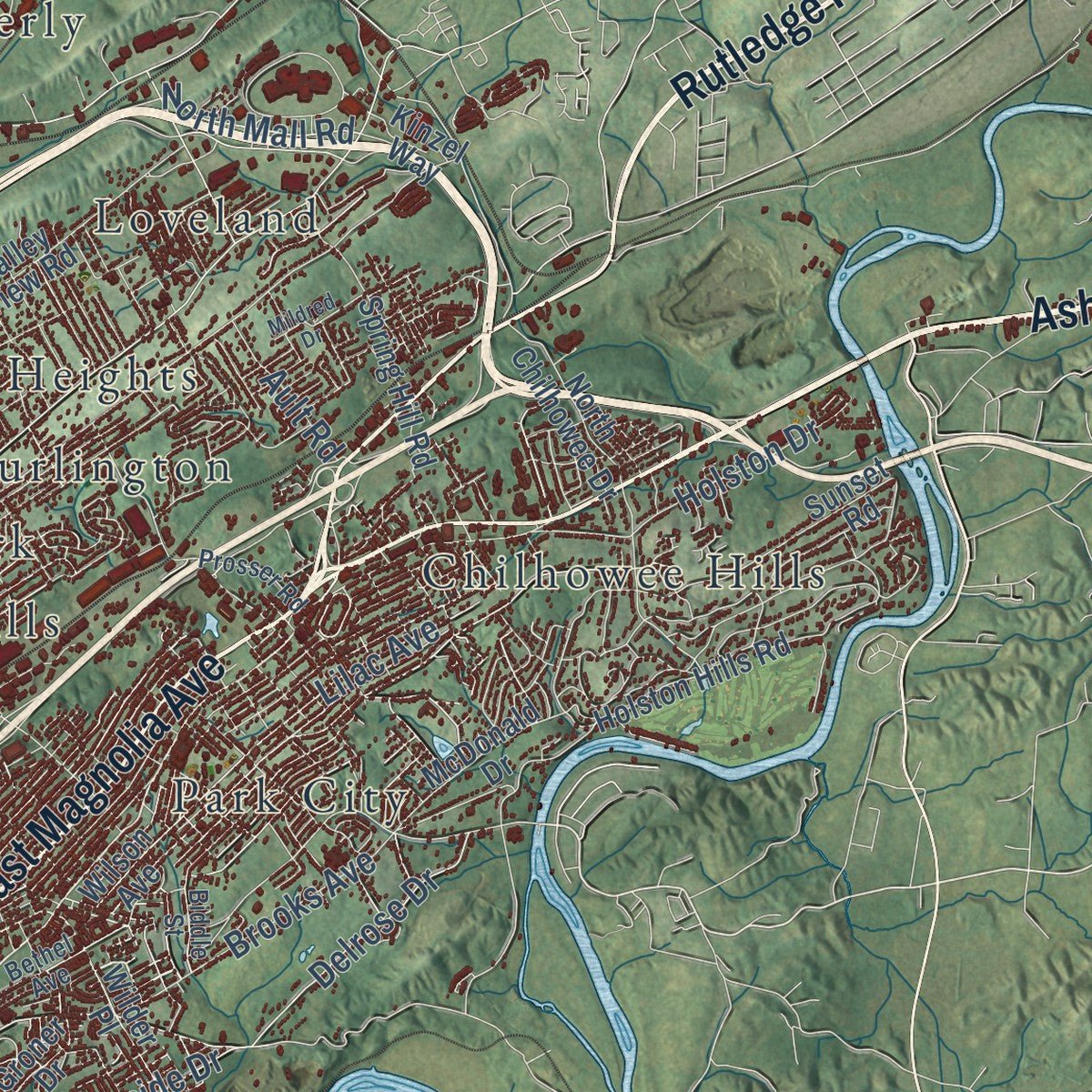 Second close-up of the map of Knoxville, Tennessee print showing more streets and buildings