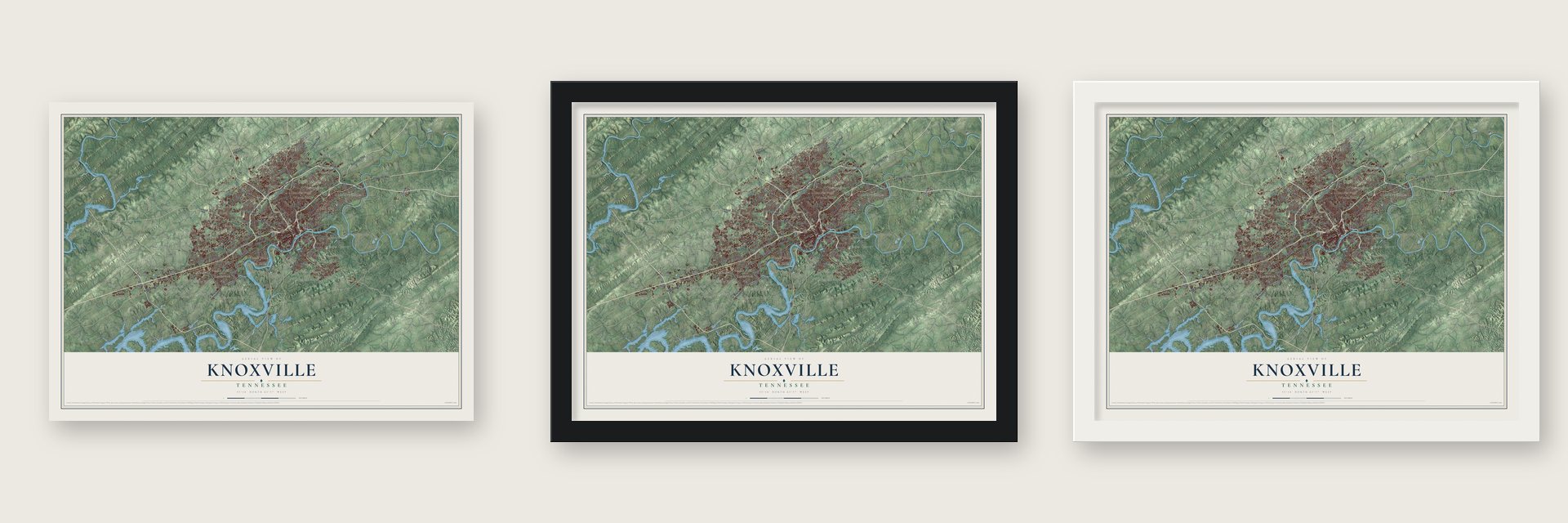 Knoxville, Tennessee map unframed, in a black wood frame and in a white wood frame