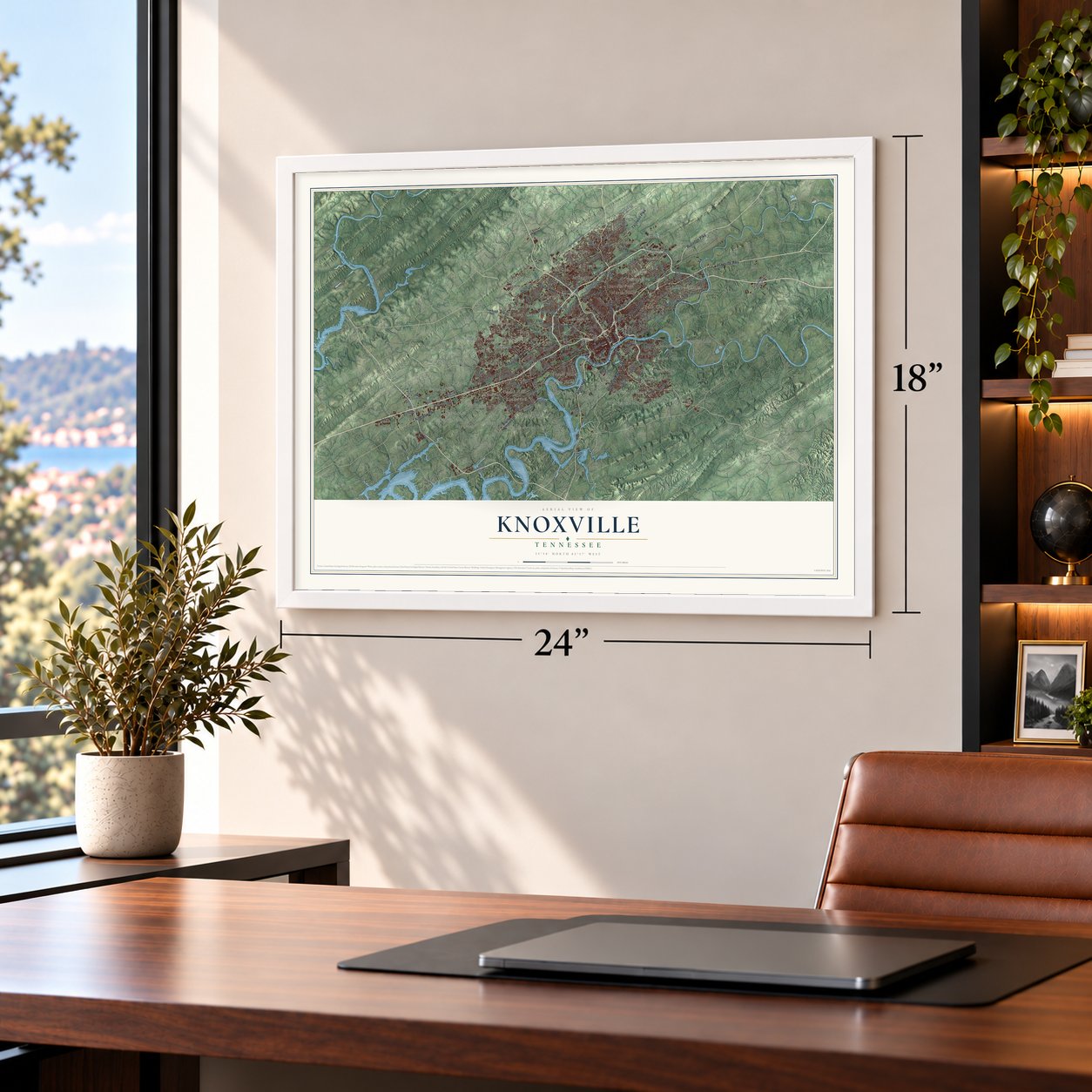Knoxville, Tennessee map, 18 x 24 inch print in a white frame in a home office