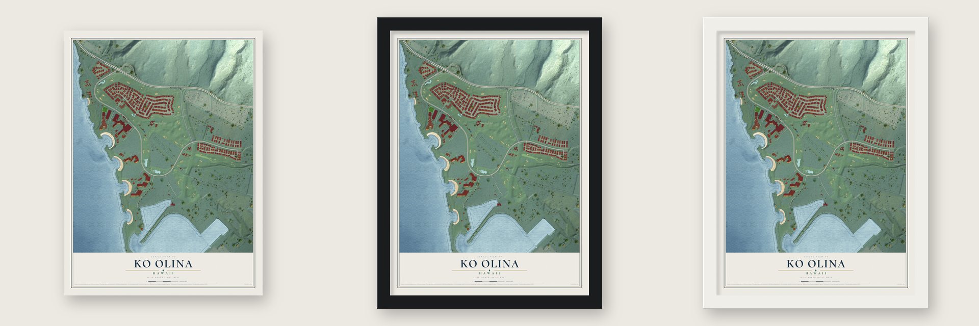 Ko Olina, Hawaii map unframed, in a black wood frame and in a white wood frame