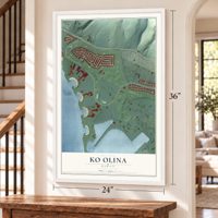 Ko Olina, Hawaii map, 24 x 36 inch print in a white frame by a staircase
