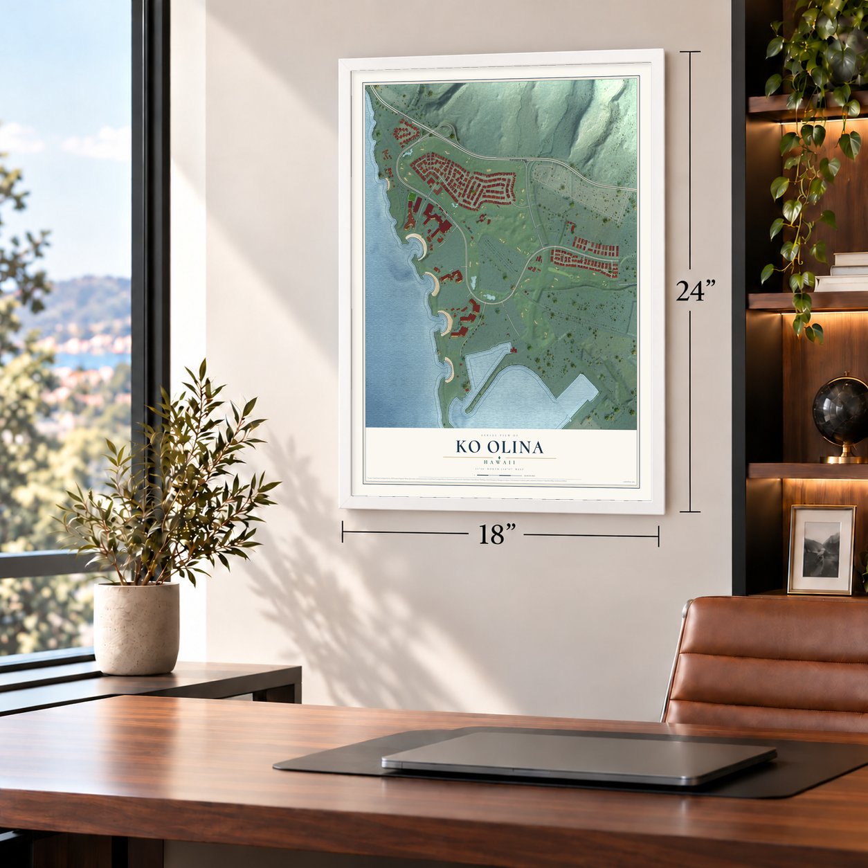 Ko Olina, Hawaii map, 18 x 24 inch print in a white frame in a home office