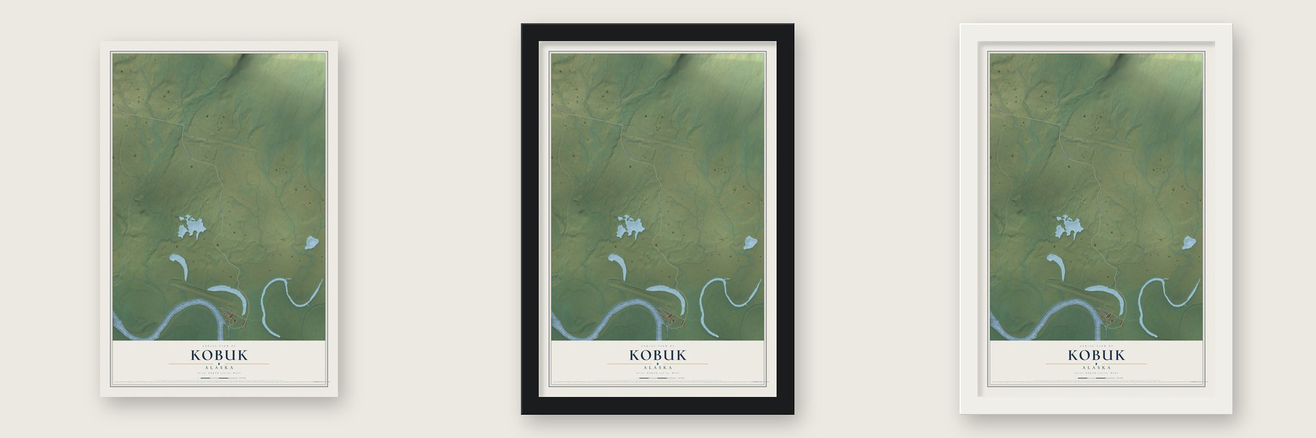 Kobuk, Alaska map unframed, in a black wood frame and in a white wood frame