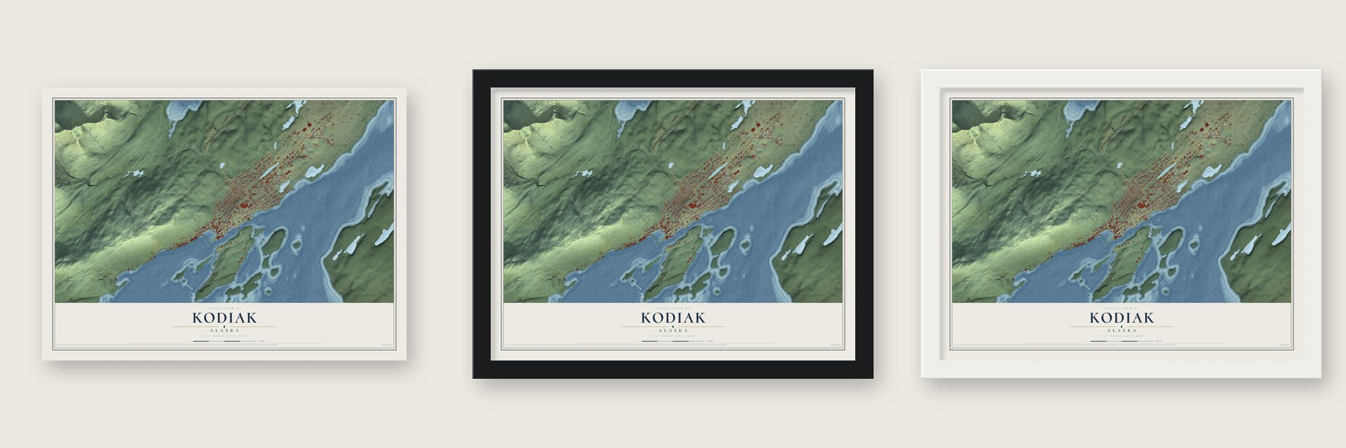 Kodiak, Alaska map unframed, in a black wood frame and in a white wood frame