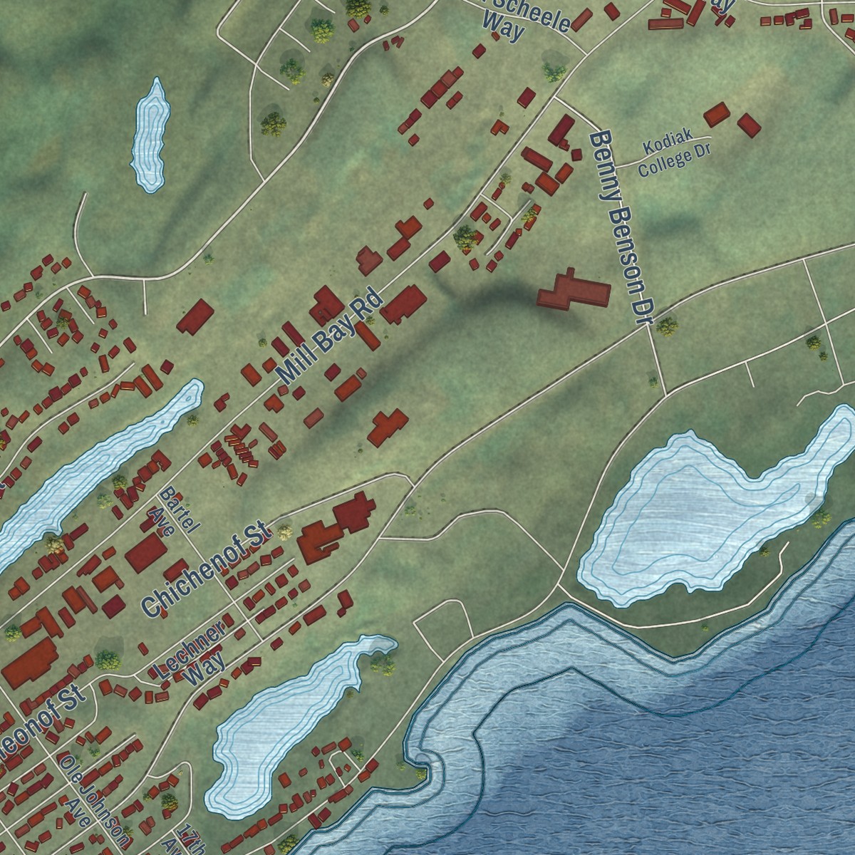 Second close-up of the map of Kodiak, Alaska print showing more streets and buildings