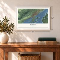 Kodiak, Alaska map, 12 x 18 inch print in a white frame in an entryway
