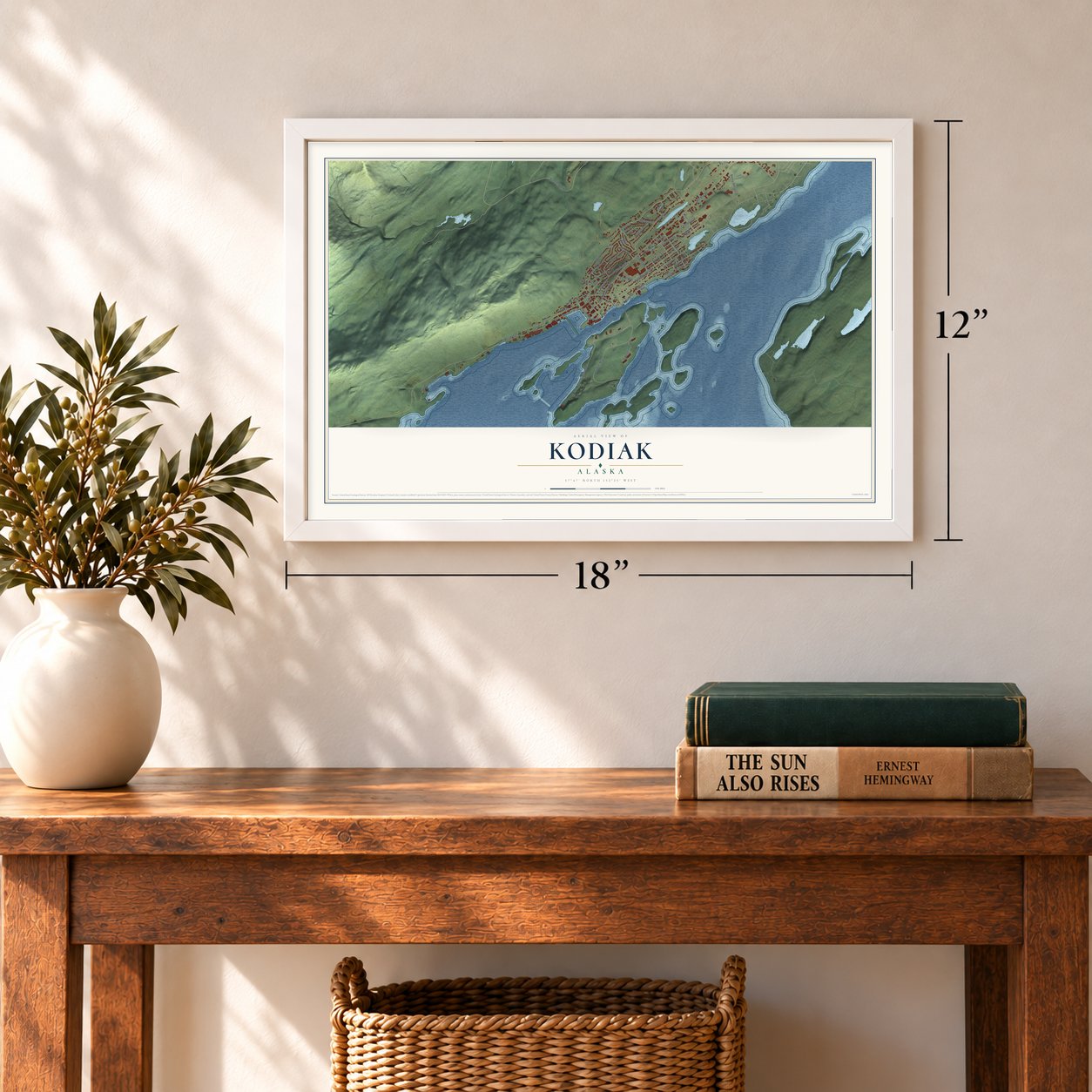 Kodiak, Alaska map, 12 x 18 inch print in a white frame in an entryway