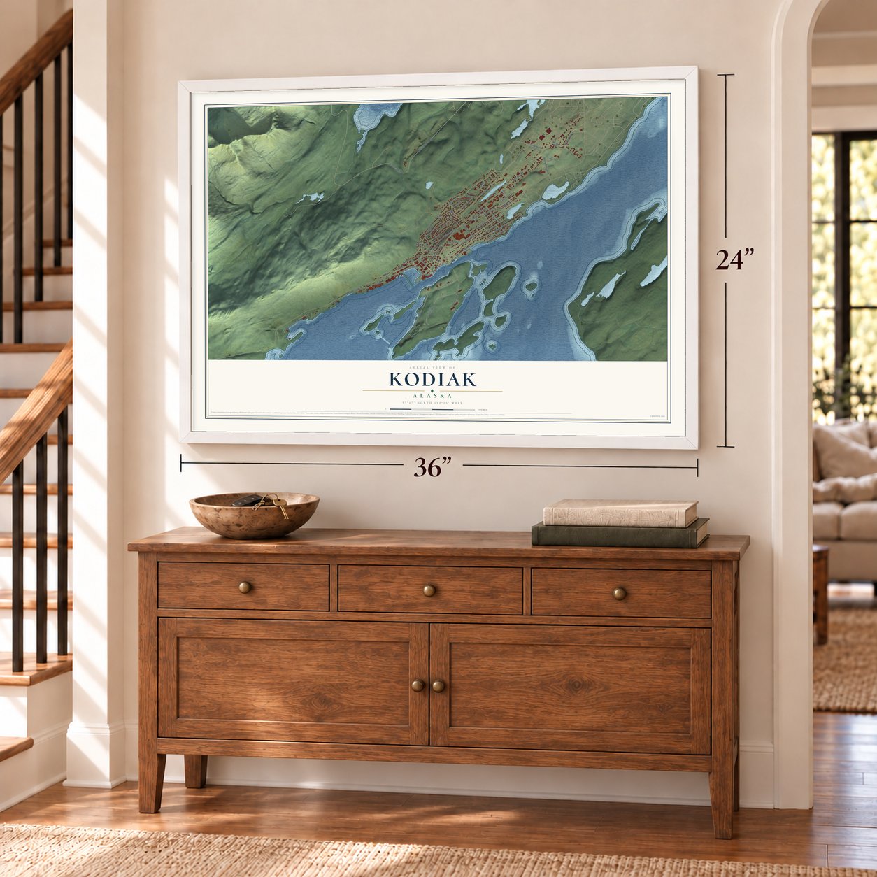 Kodiak, Alaska map, 24 x 36 inch print in a white frame above a dresser by a staircase