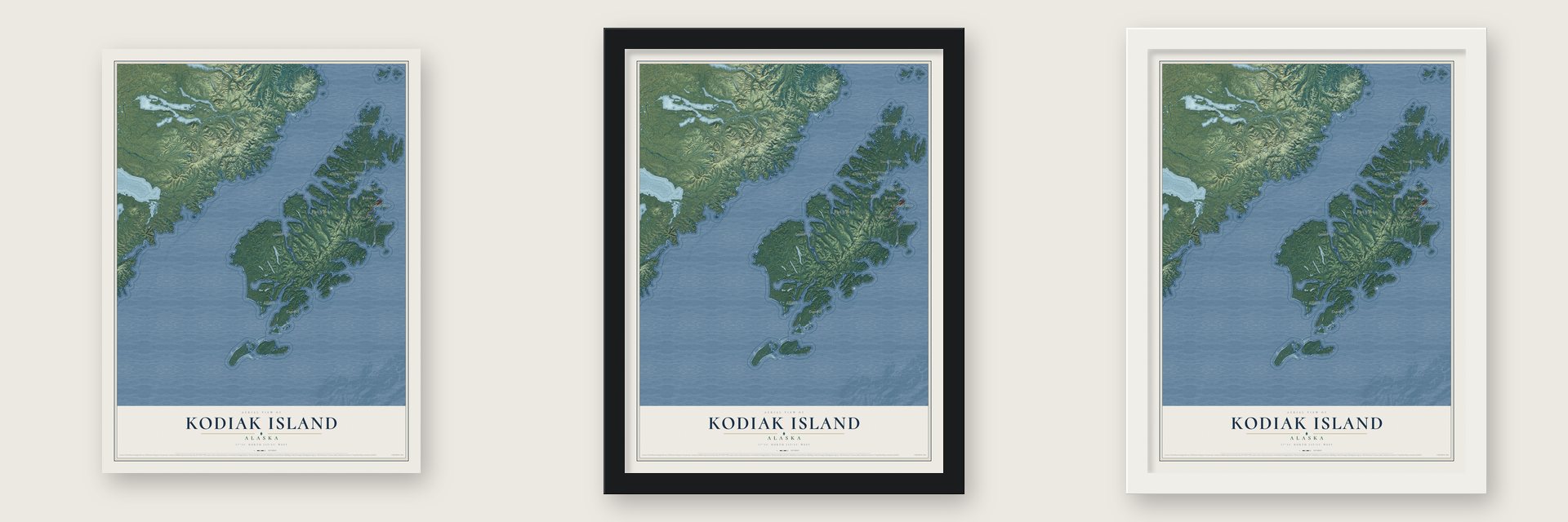 Kodiak Island, Alaska map unframed, in a black wood frame and in a white wood frame