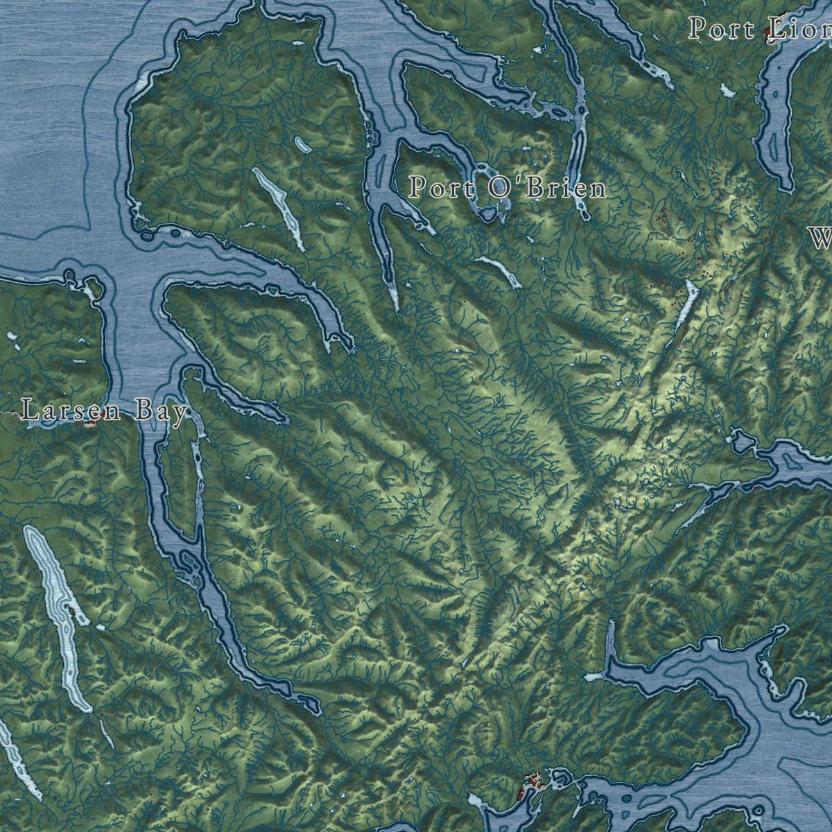 Second close-up of the map of Kodiak Island, Alaska print showing more streets and buildings