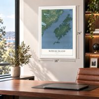 Kodiak Island, Alaska map, 18 x 24 inch print in a white frame in a home office