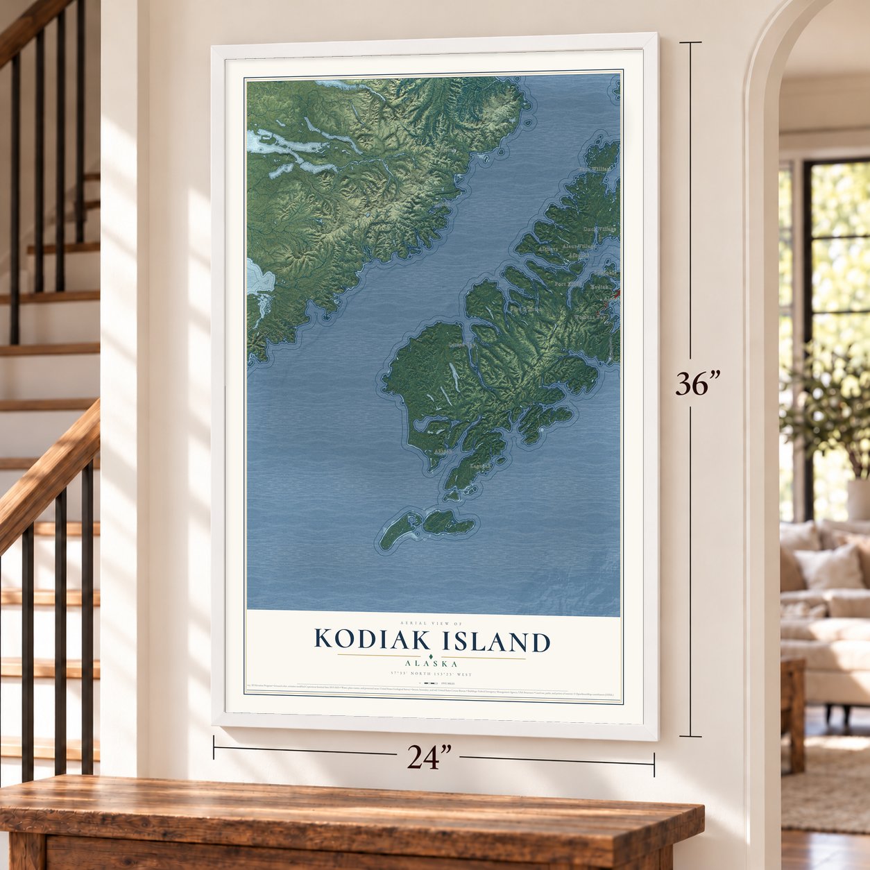 Kodiak Island, Alaska map, 24 x 36 inch print in a white frame by a staircase