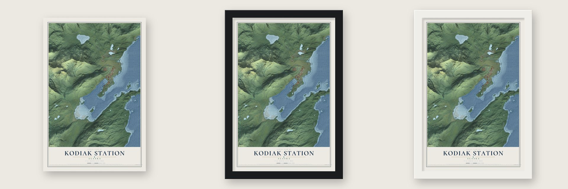 Kodiak Station, Alaska map unframed, in a black wood frame and in a white wood frame