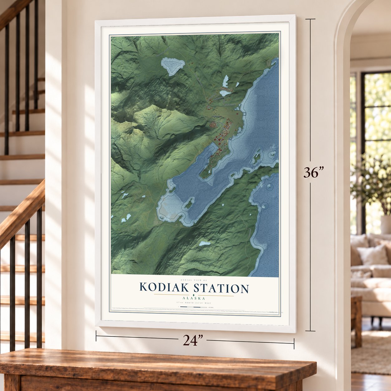 Kodiak Station, Alaska map, 24 x 36 inch print in a white frame by a staircase