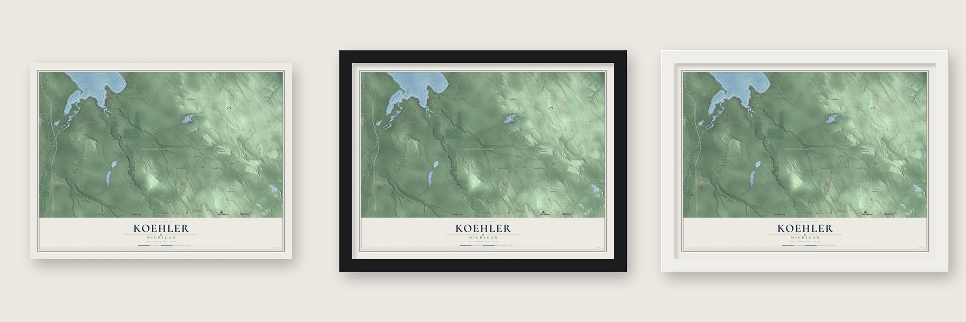 Koehler, Michigan map unframed, in a black wood frame and in a white wood frame