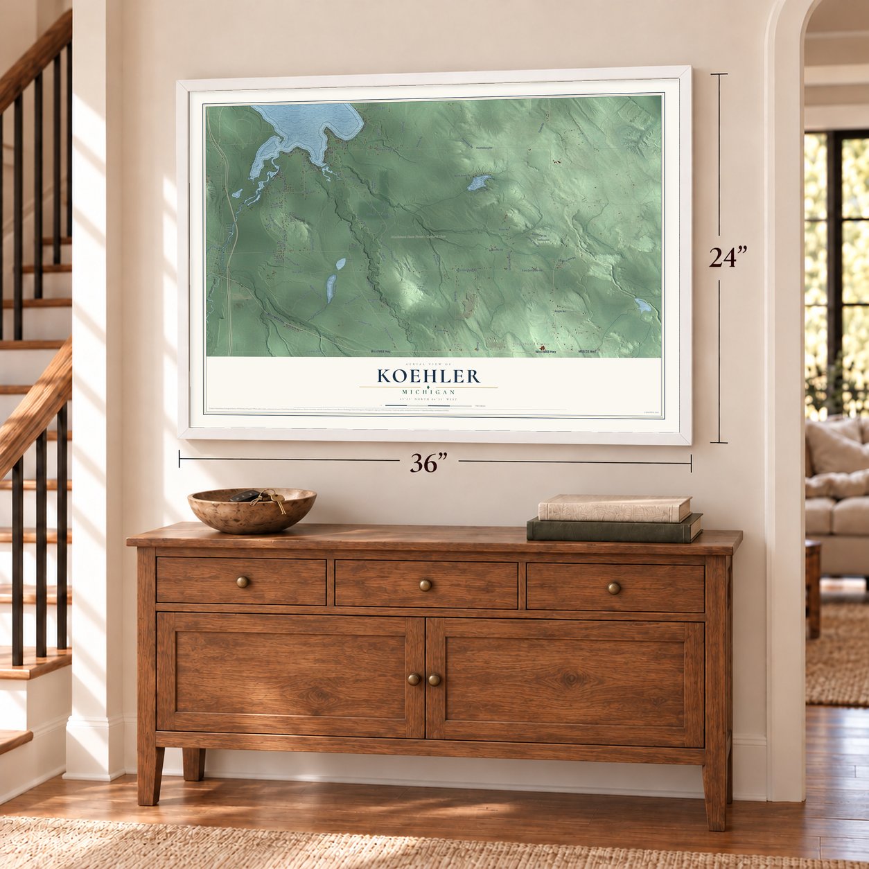 Koehler, Michigan map, 24 x 36 inch print in a white frame above a dresser by a staircase