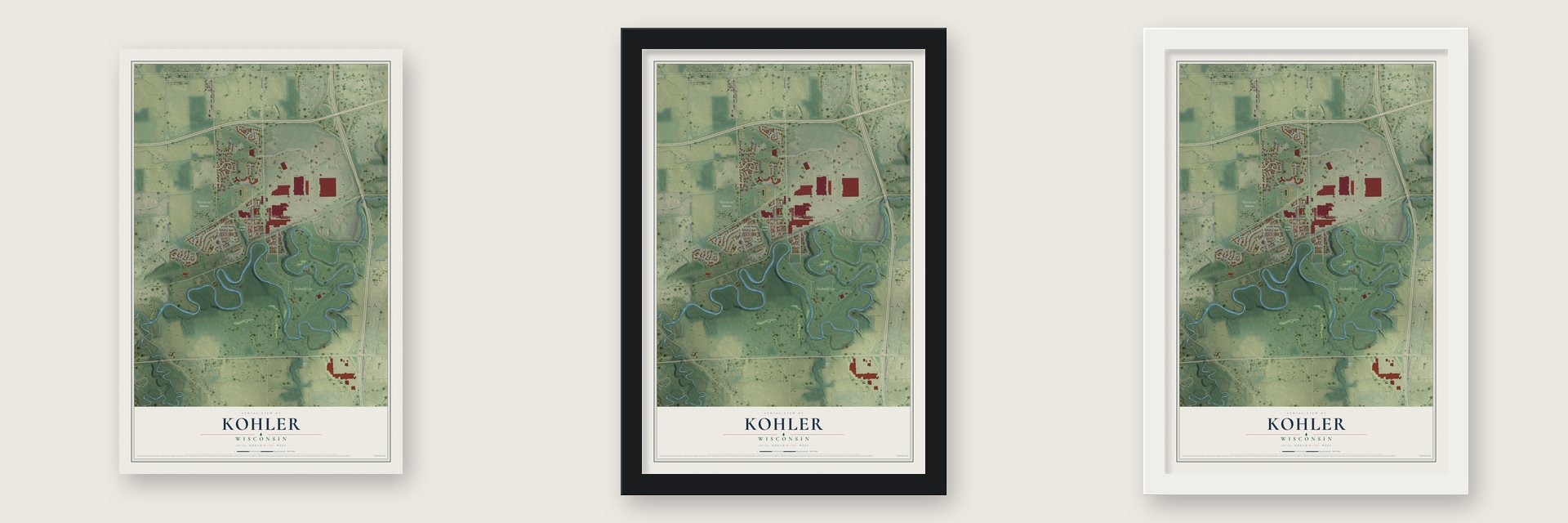 Kohler, Wisconsin map unframed, in a black wood frame and in a white wood frame