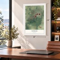 Kohler, Wisconsin map, 18 x 24 inch print in a white frame in a home office