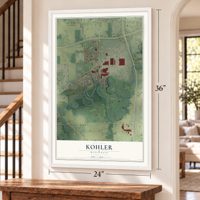 Kohler, Wisconsin map, 24 x 36 inch print in a white frame by a staircase