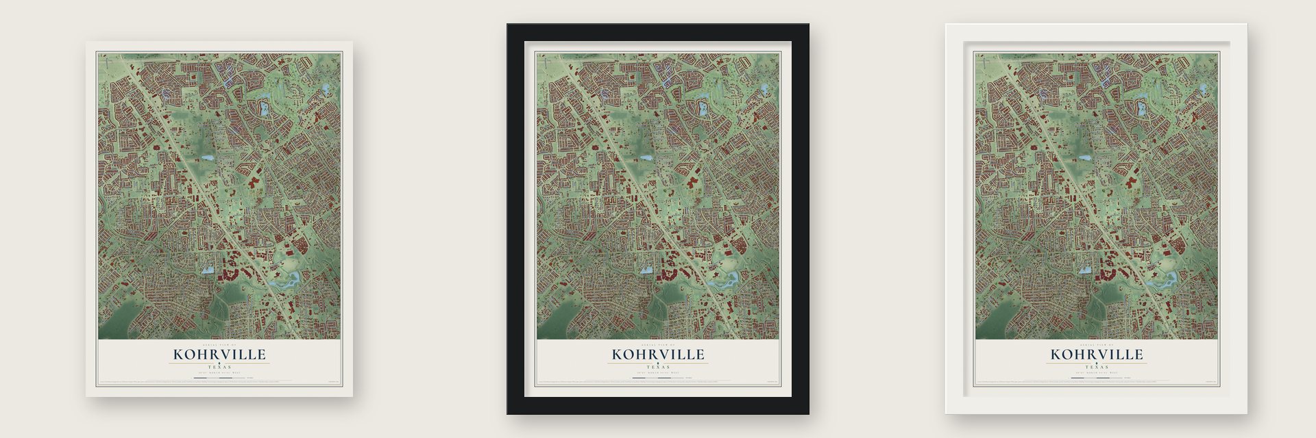 Kohrville, Texas map unframed, in a black wood frame and in a white wood frame