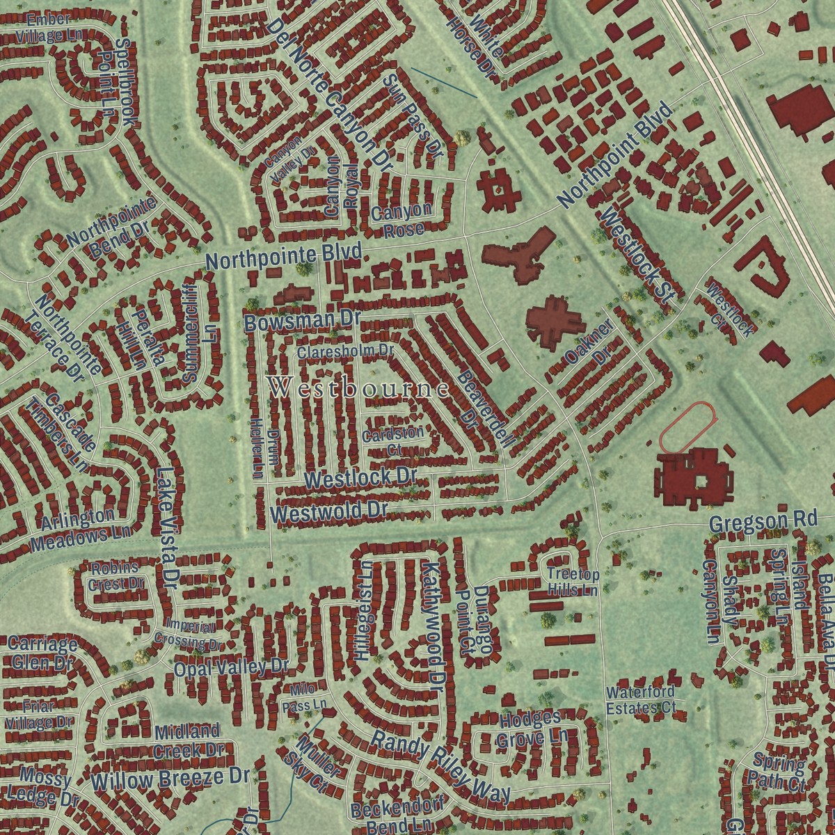Second close-up of the map of Kohrville, Texas print showing more streets and buildings
