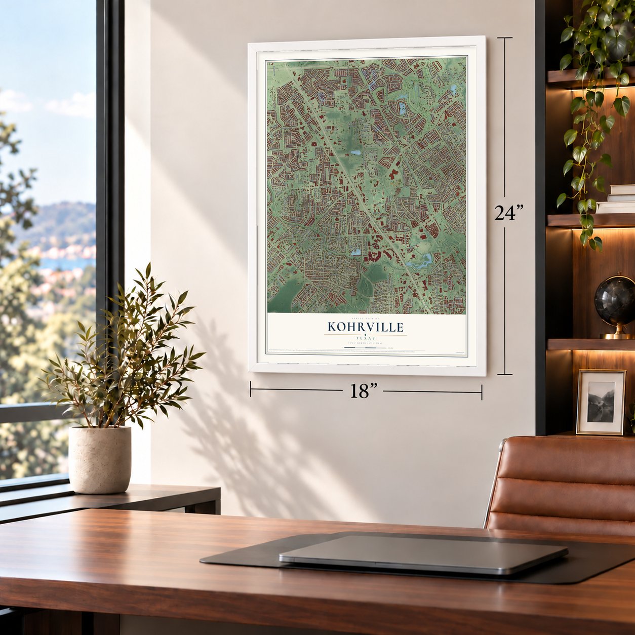 Kohrville, Texas map, 18 x 24 inch print in a white frame in a home office