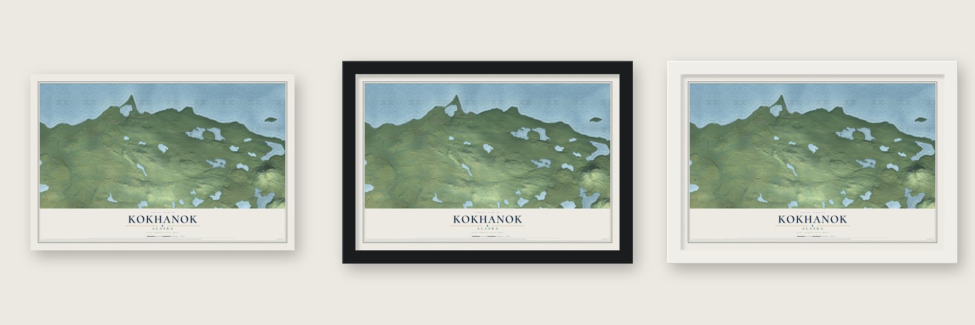 Kokhanok, Alaska map unframed, in a black wood frame and in a white wood frame