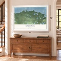 Kokhanok, Alaska map, 24 x 36 inch print in a white frame above a dresser by a staircase