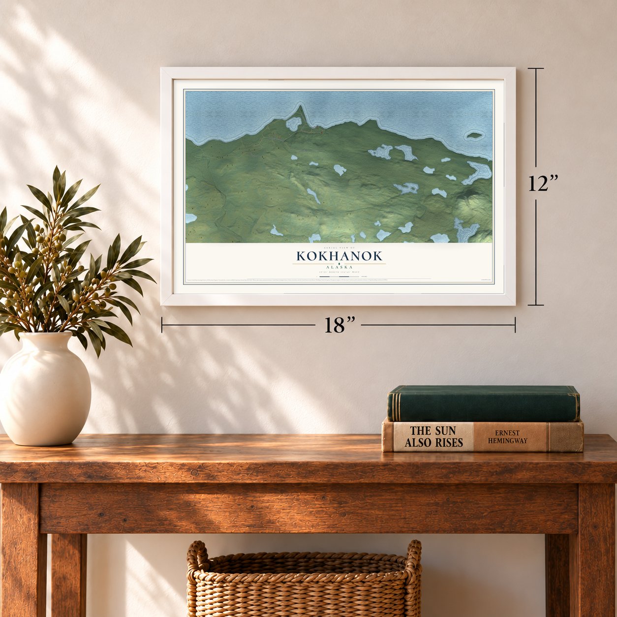 Kokhanok, Alaska map, 12 x 18 inch print in a white frame in an entryway