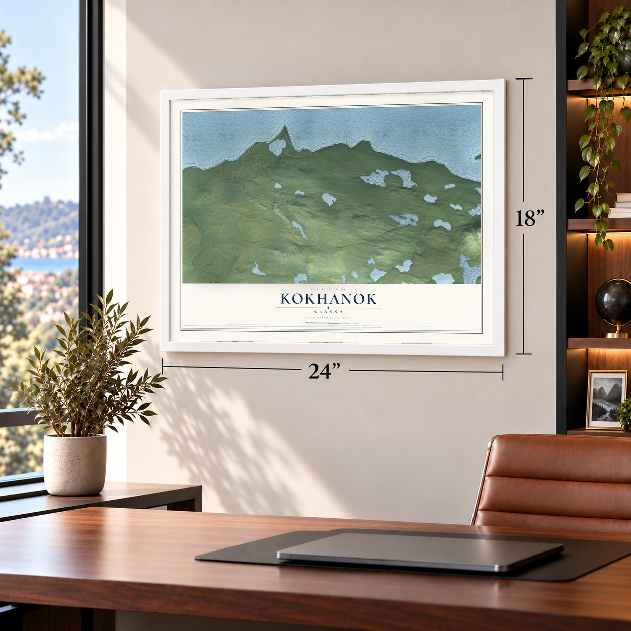 Kokhanok, Alaska map, 18 x 24 inch print in a white frame in a home office