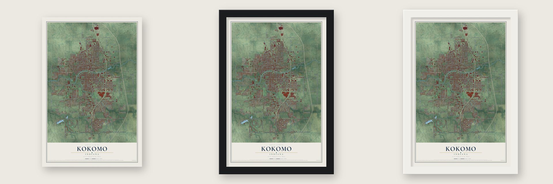 Kokomo, Indiana map unframed, in a black wood frame and in a white wood frame