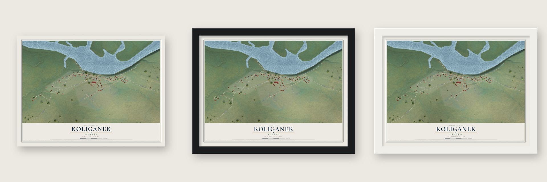 Koliganek, Alaska map unframed, in a black wood frame and in a white wood frame