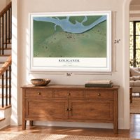 Koliganek, Alaska map, 24 x 36 inch print in a white frame above a dresser by a staircase