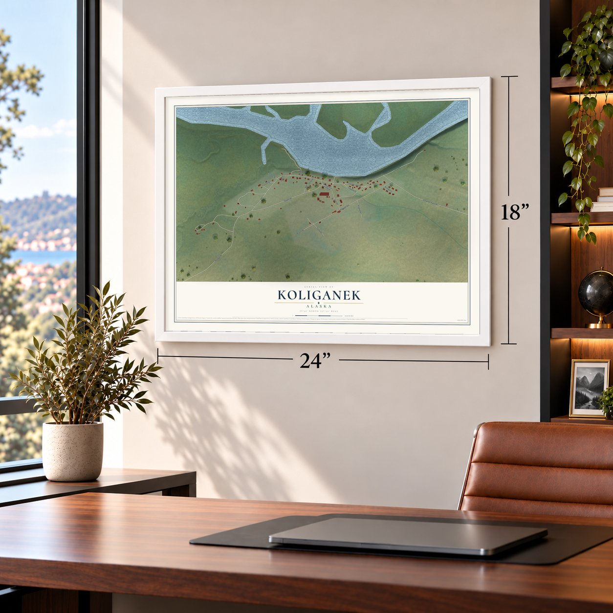 Koliganek, Alaska map, 18 x 24 inch print in a white frame in a home office