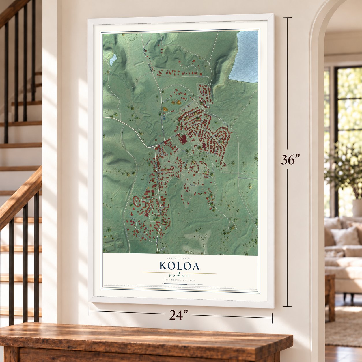 Koloa, Hawaii map, 24 x 36 inch print in a white frame by a staircase
