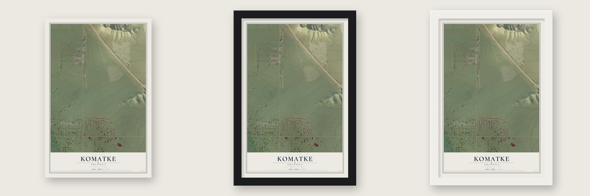 Komatke, Arizona map unframed, in a black wood frame and in a white wood frame