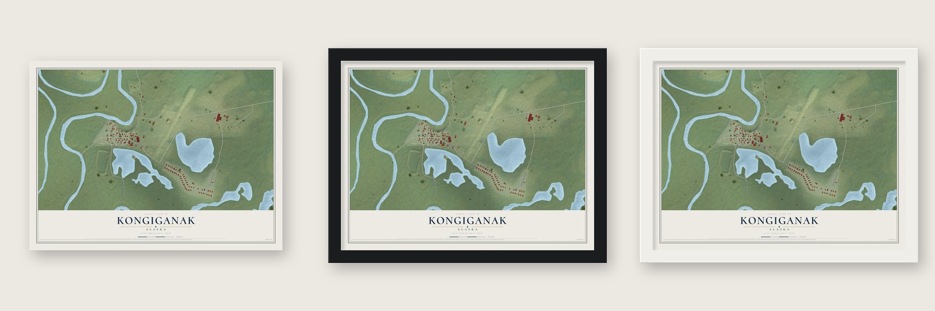Kongiganak, Alaska map unframed, in a black wood frame and in a white wood frame