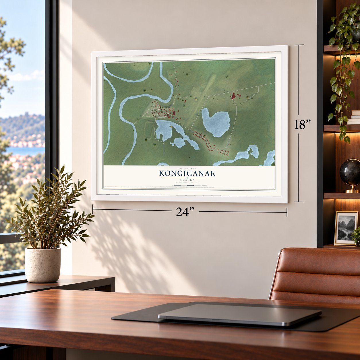Kongiganak, Alaska map, 18 x 24 inch print in a white frame in a home office