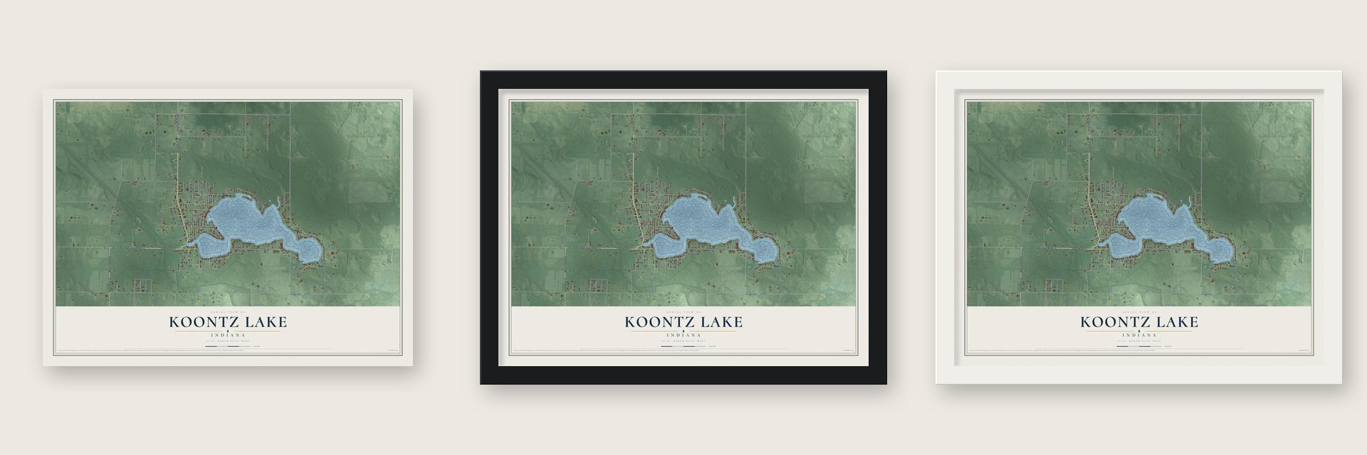 Koontz Lake, Indiana map unframed, in a black wood frame and in a white wood frame