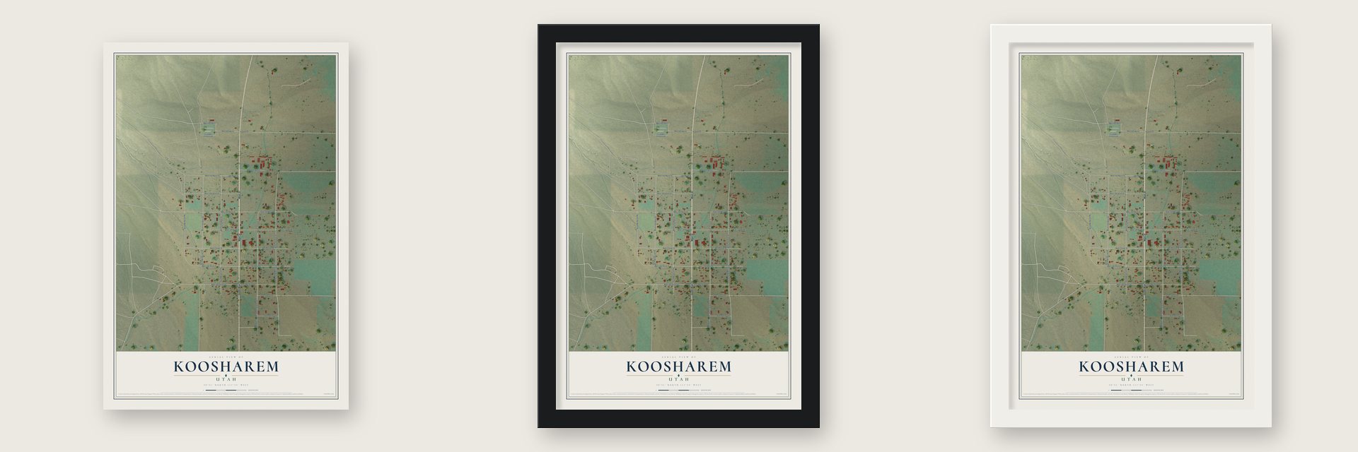 Koosharem, Utah map unframed, in a black wood frame and in a white wood frame