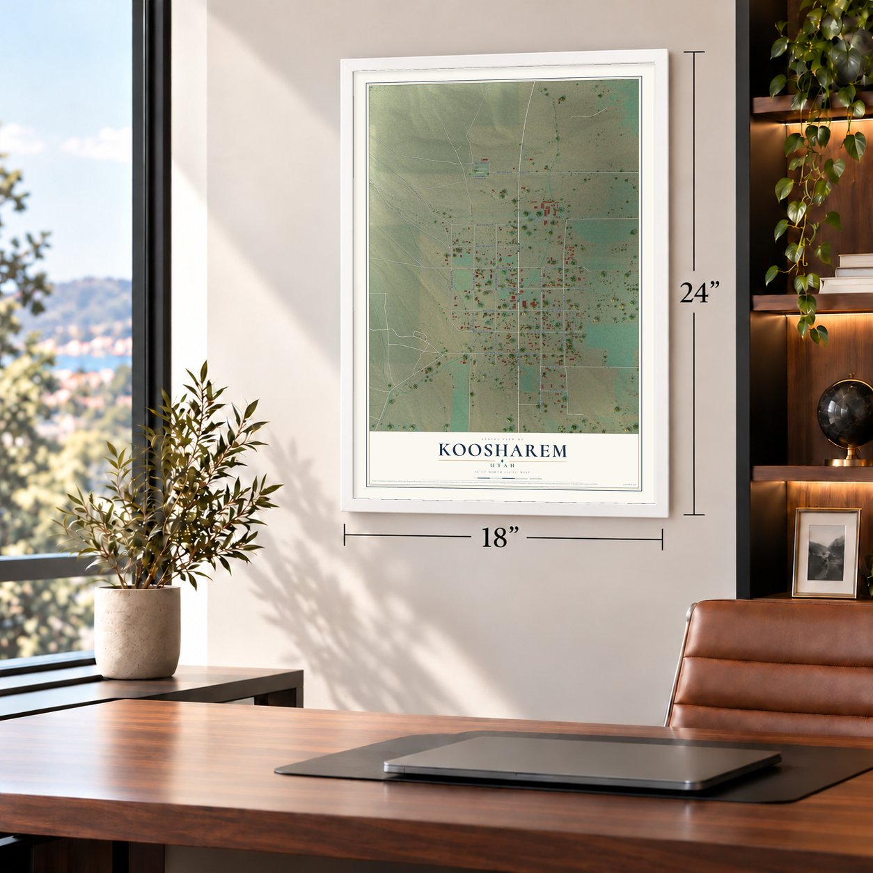 Koosharem, Utah map, 18 x 24 inch print in a white frame in a home office