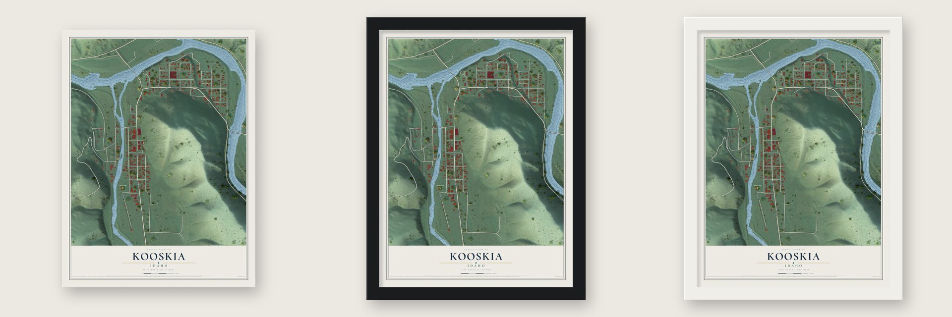 Kooskia, Idaho map unframed, in a black wood frame and in a white wood frame
