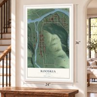 Kooskia, Idaho map, 24 x 36 inch print in a white frame by a staircase