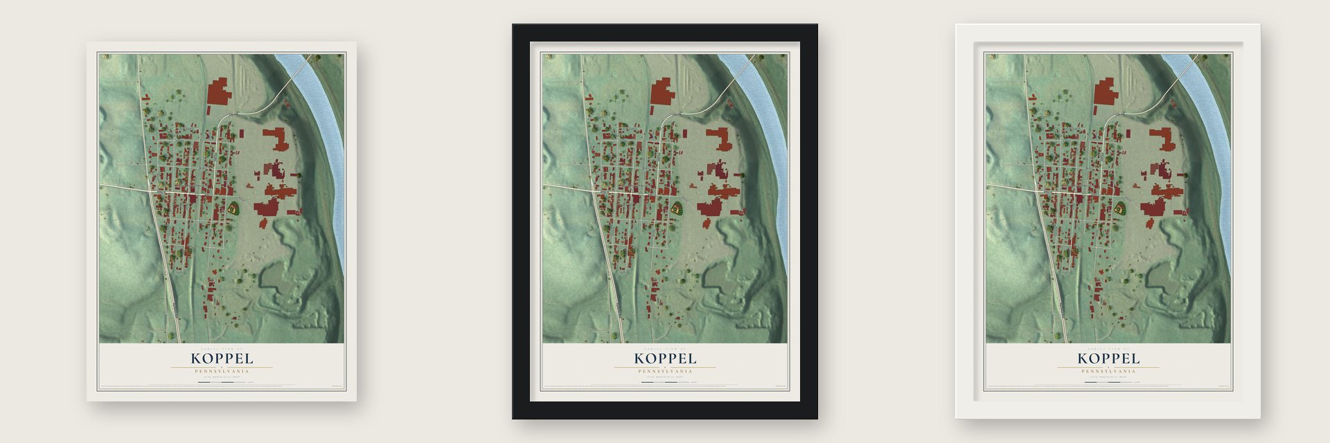 Koppel, Pennsylvania map unframed, in a black wood frame and in a white wood frame
