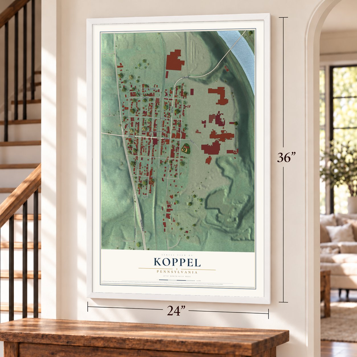 Koppel, Pennsylvania map, 24 x 36 inch print in a white frame by a staircase